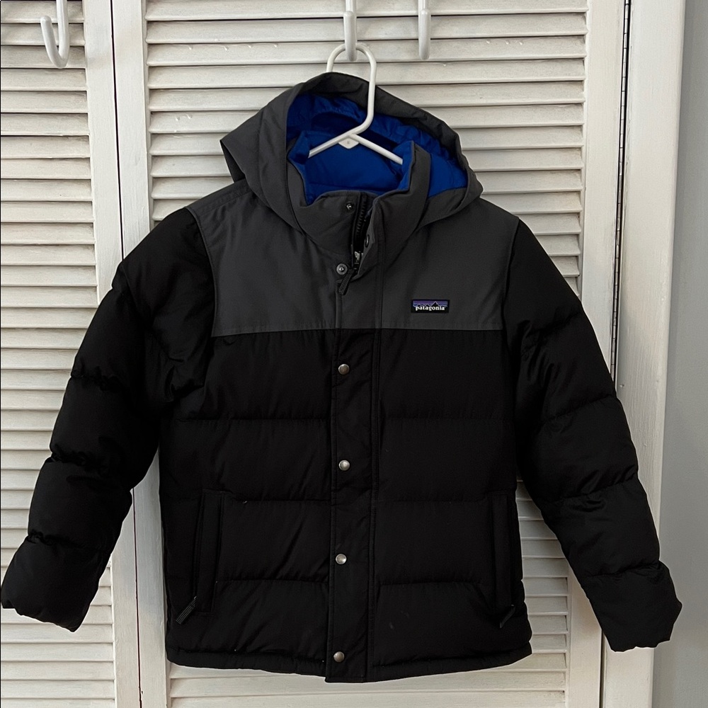 Patagonia Bivy Kids Black and Charcoal Down Puffer Jacket, M, Hoody